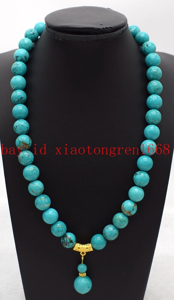 Natural 6/8/10/12mm Blue Turquoise Gemstone Round Beads Pendant Necklace 16-26in