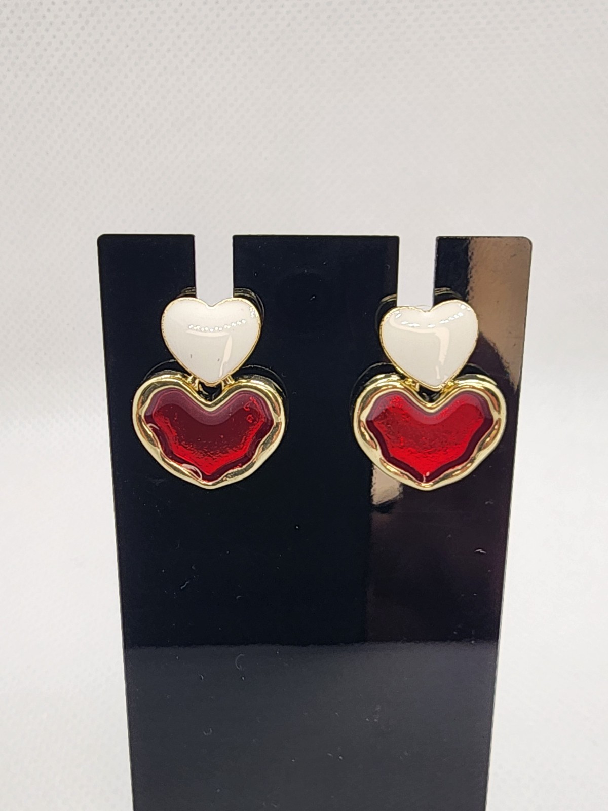 Women’s Red White Double Heart Drop Earrings Gold Tone Fashion Jewelry
