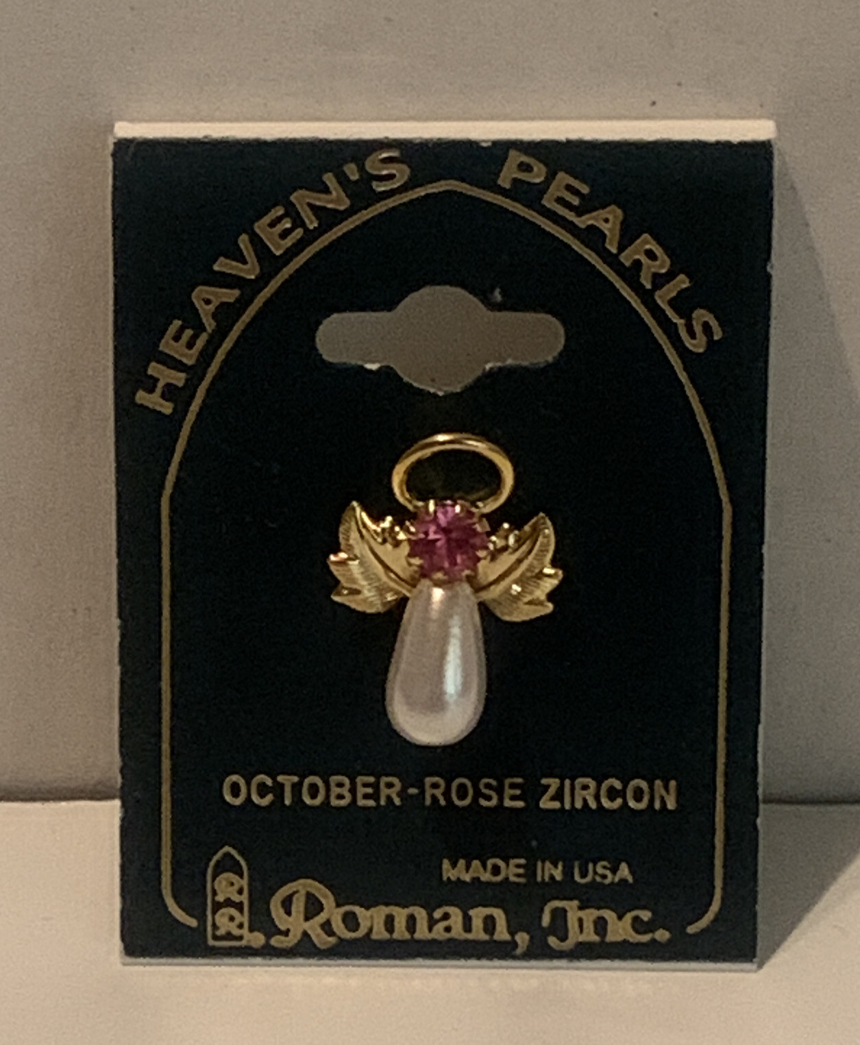 ROMAN INC Heavens Pearls Angel Pin Brooch October Rose Zircon Birthstone USA