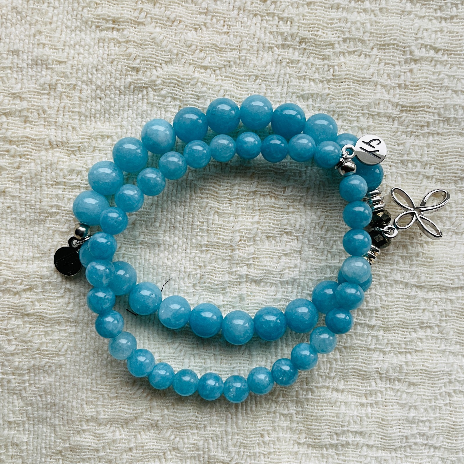 T. Jazelle Silver Charm Aqua Amazonite Stretch Bracelet Set of 2, 6 -7 inch NEW!