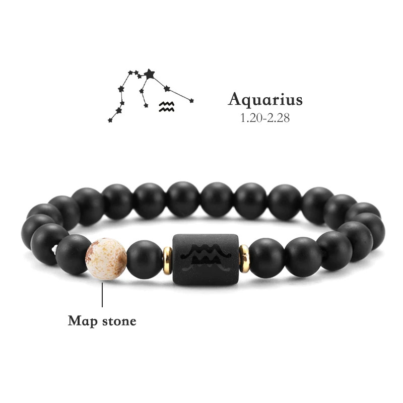 12 Zodiac Sign Constellation Bracelet for Men Black Energy Charm Bangle Aries
