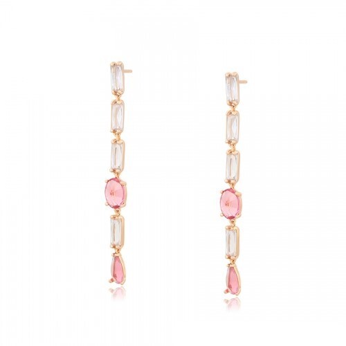 Gold Plated Pink & White Crystal Drop Earrings Long Dangle Brass Women’s Jewelry