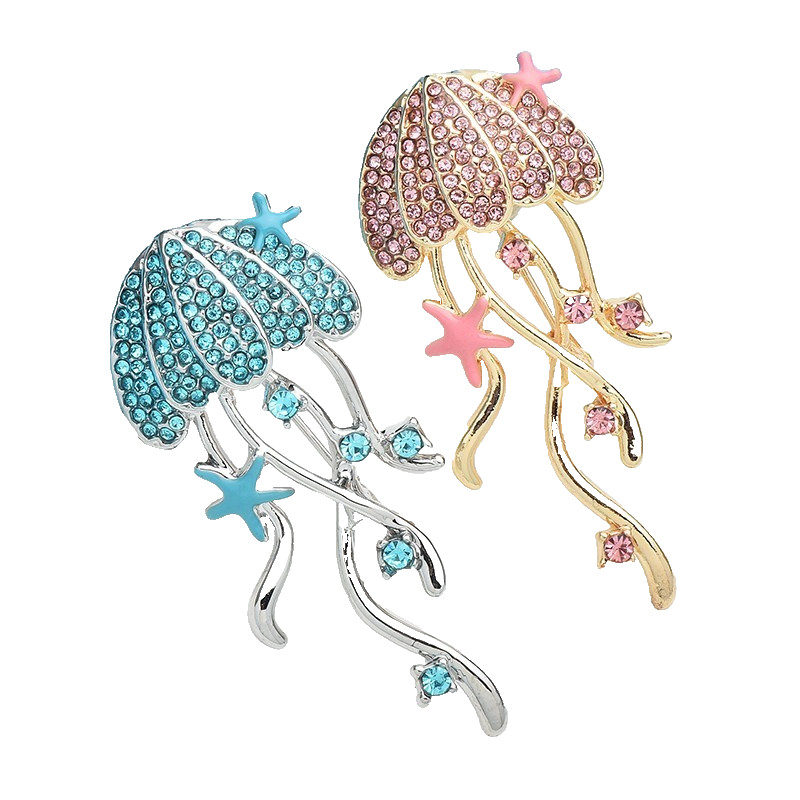 2PCS Jellyfish Brooch Pin Set Pink Blue Rhinestone Ocean Sea Life Lapel Gift