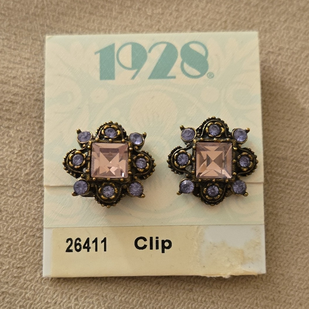 1928 Clip-On Earrings Gold Tone Pink & Purple Crystal Cluster Square 26411