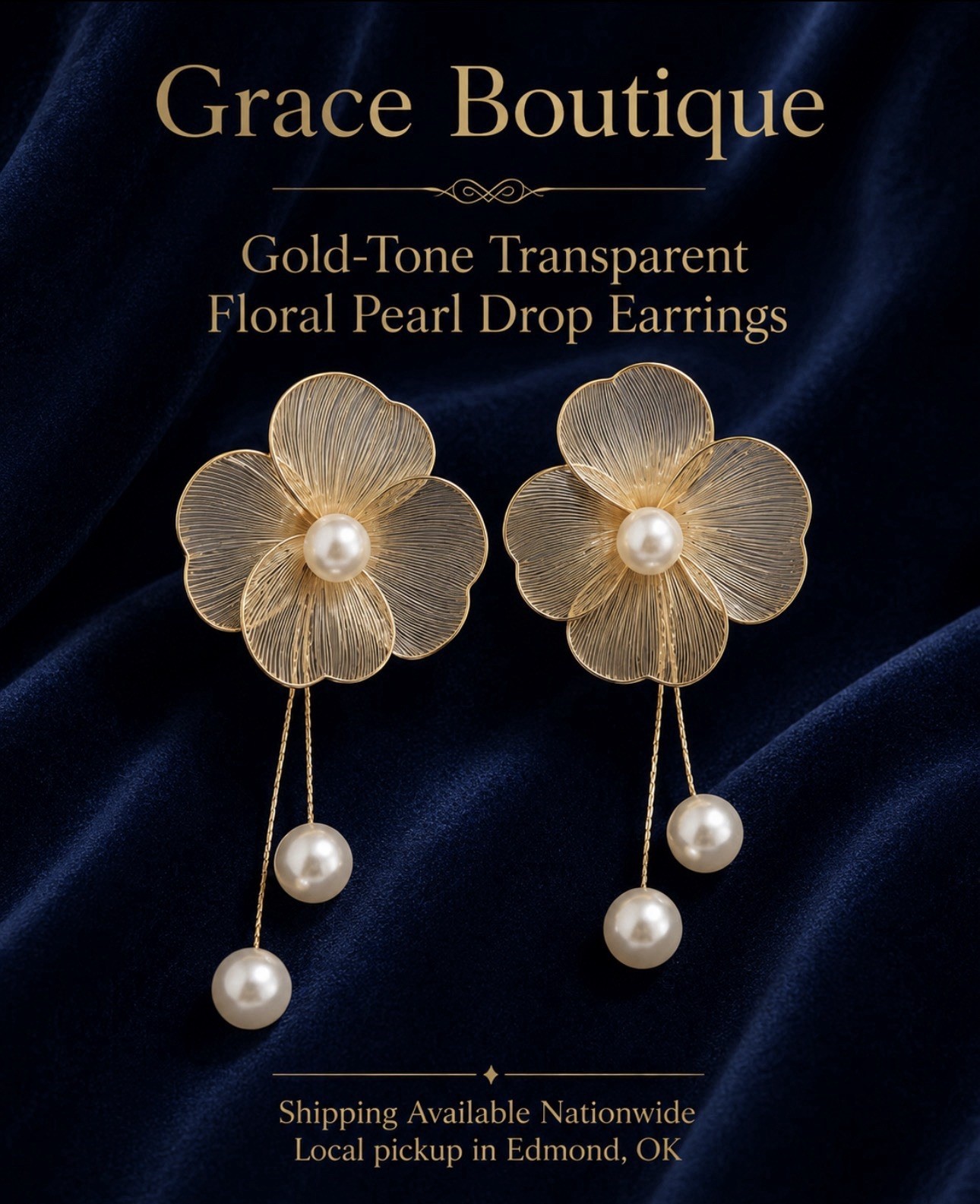 Grace Boutique Gold Tone Flower Hoop Dangle Earrings Pearl Crystal Hinged
