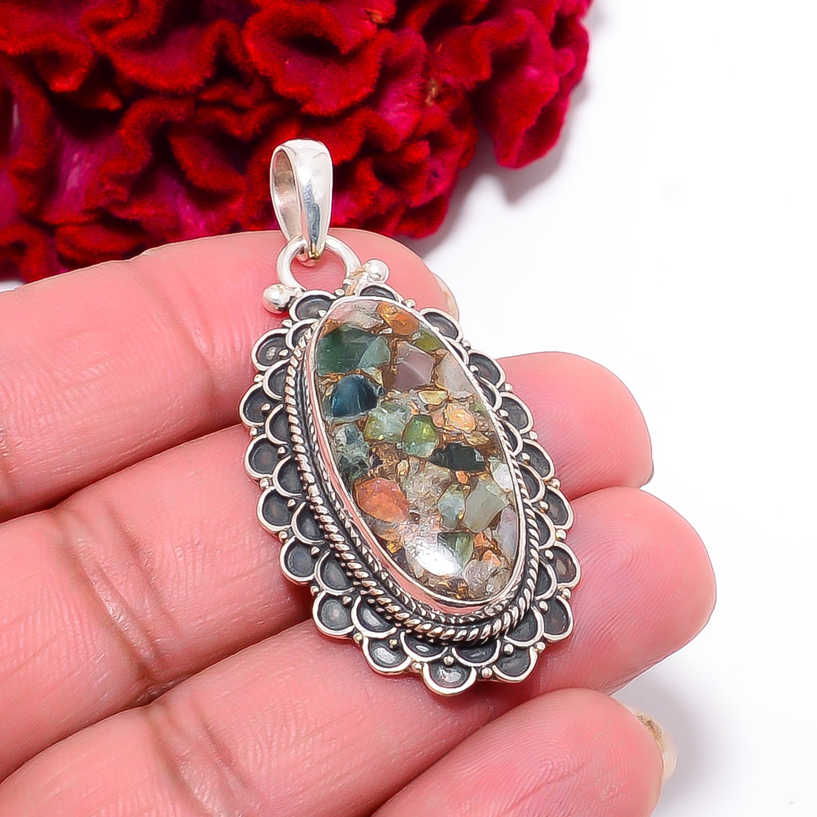 Copper Tourmaline – Brazil Handmade 925 Sterling Silver Pendant 2.03″ P99944