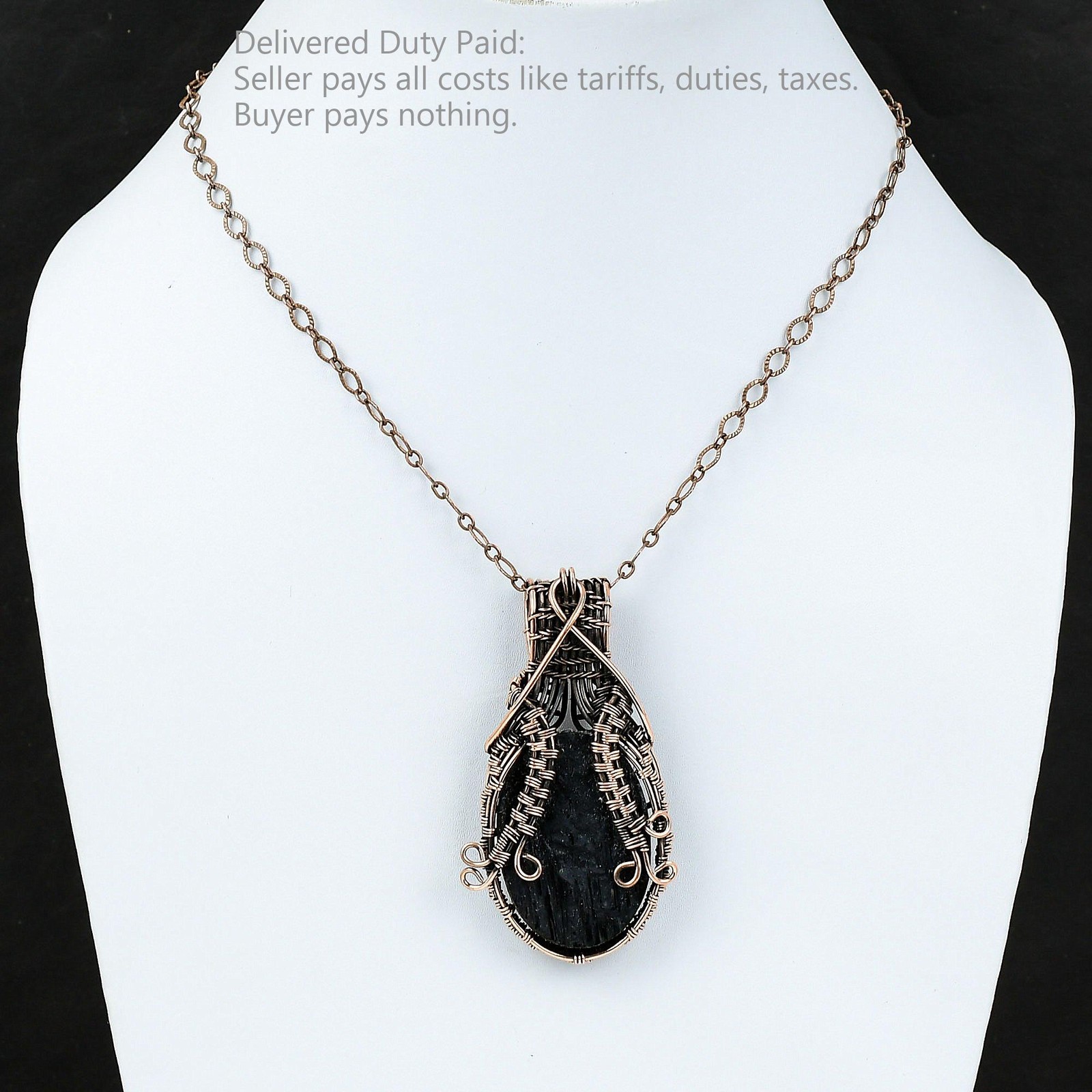 Copper Oval Black Tourmaline Rough Stone Engagement Wire Wrapped Pendant Jewelry