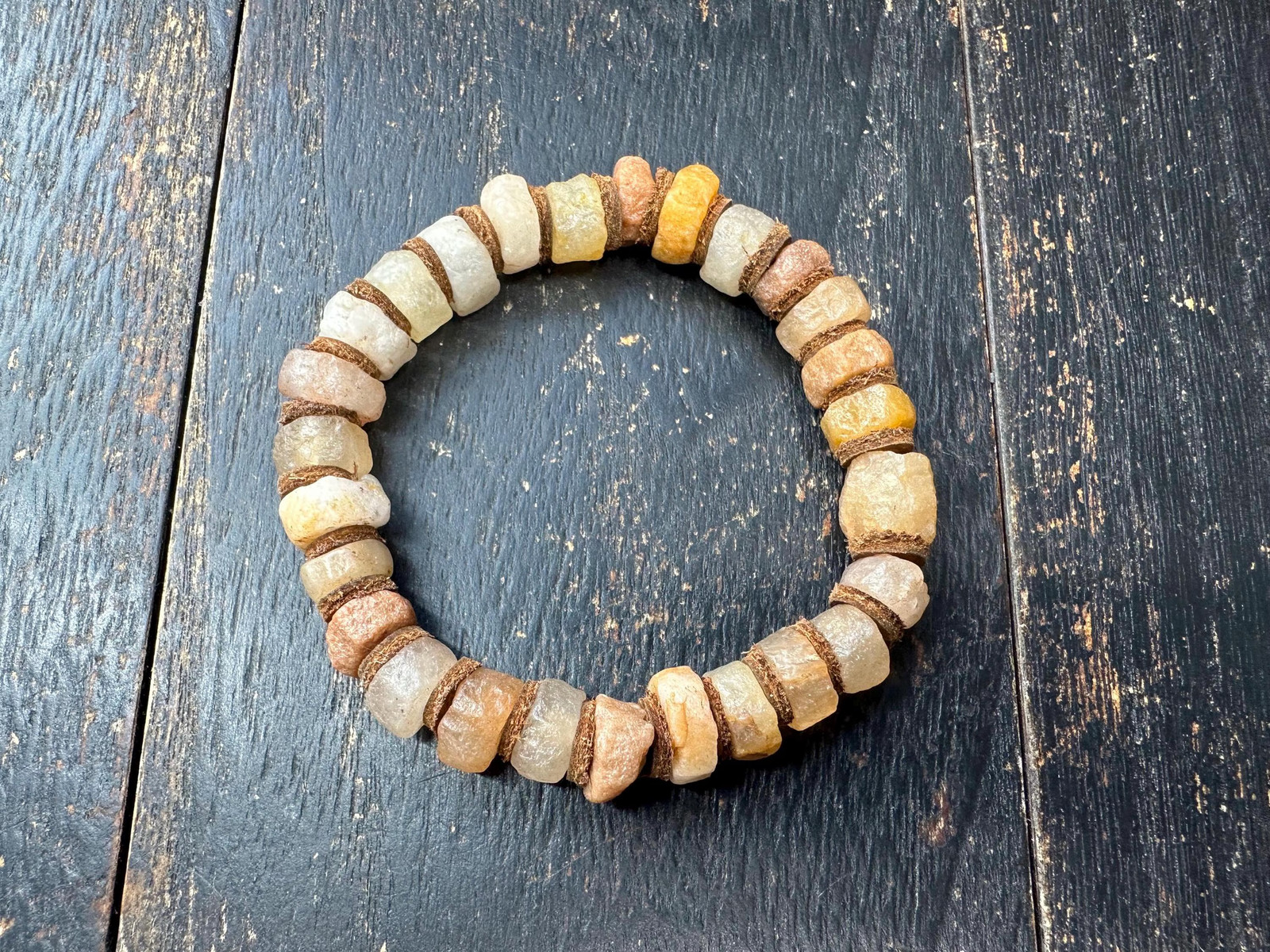 Ancient Mali Quartz Disk Bead Bracelet – African Trade Beads with Leather Space