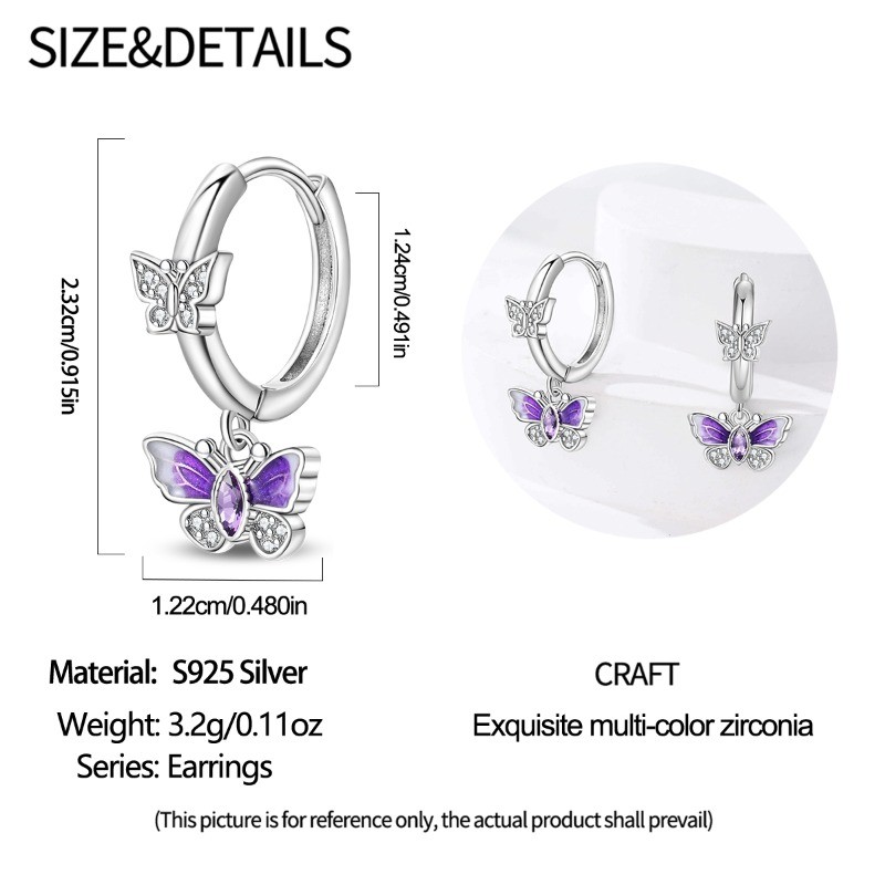 PANDACH 925 Sterling Silver Purple Butterfly Earrings For Women Drop Earrings