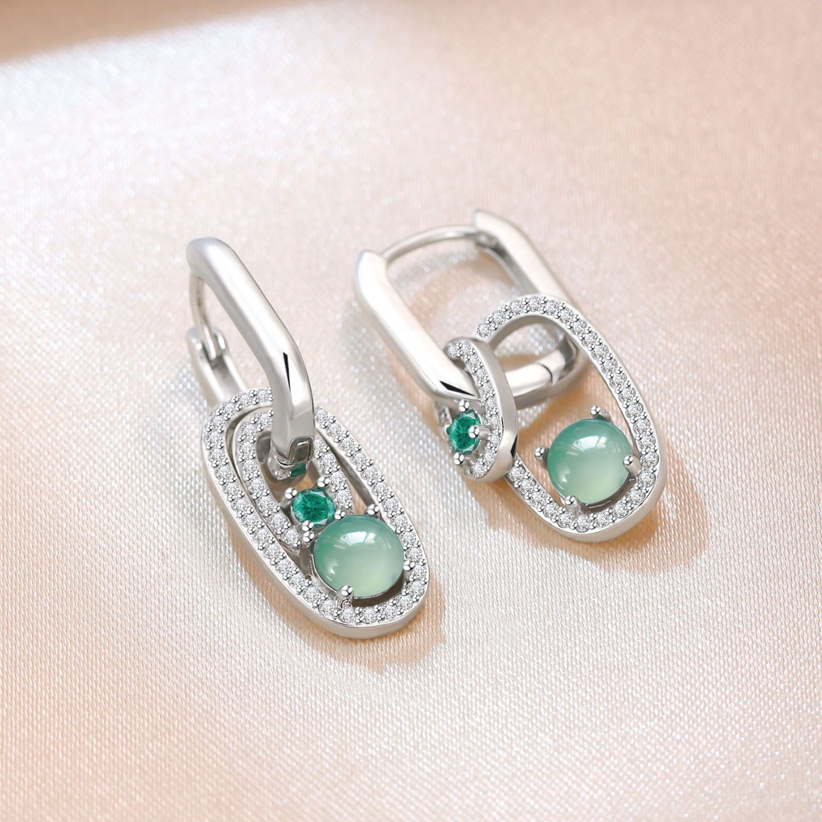 Natural Jadeite Jade Crystal Drop Dangle Earrings Gemstone 18K White Gold Plated