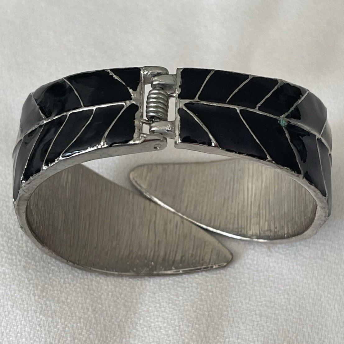 Silver Tone Black Enamel Hinged Cuff Bracelet, Sizable, No Stone