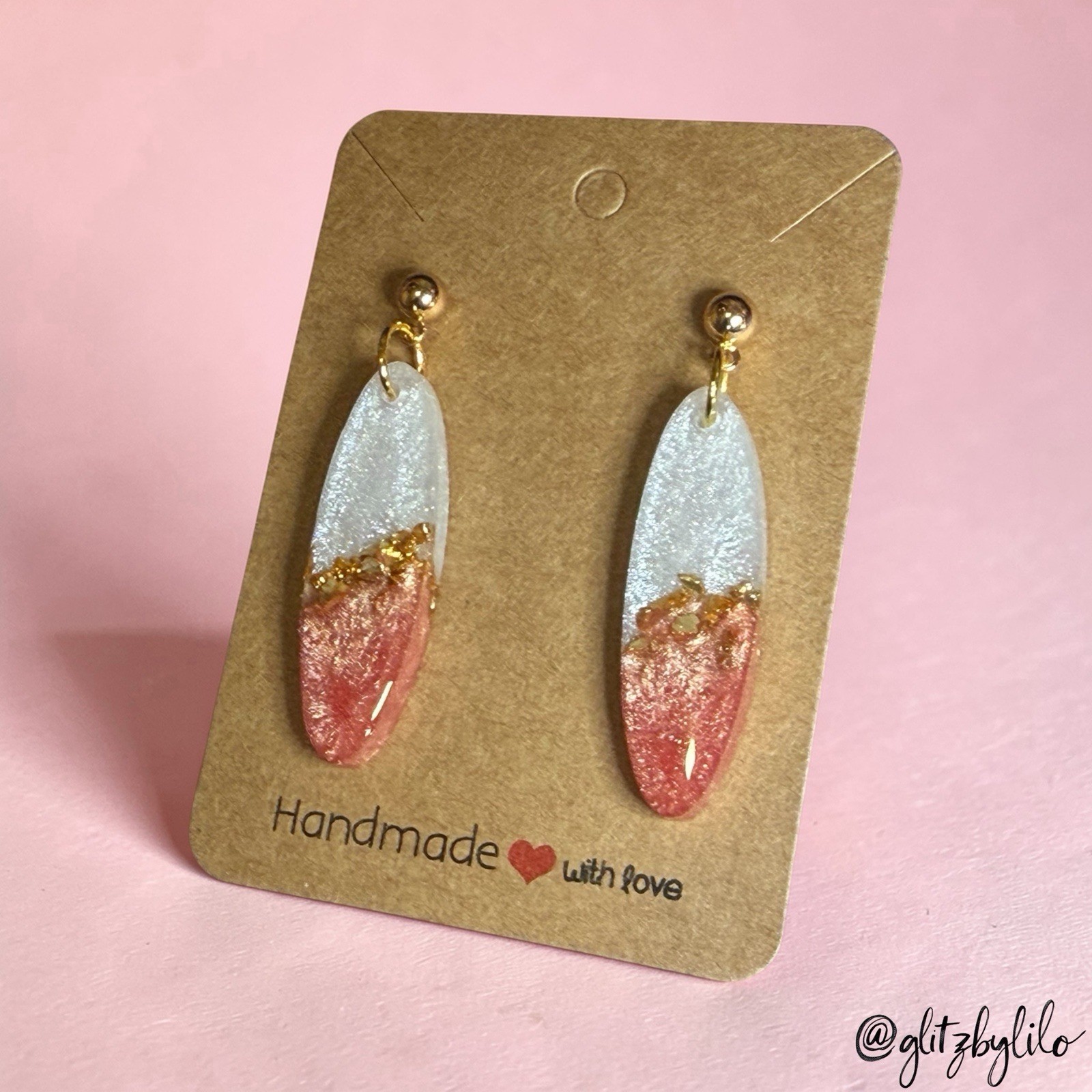 Rose Gold Resin Crushed Glass Earrings Woman Gifts Spring Gold Shimmer Elegance