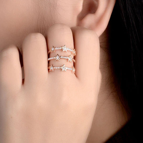S925 Sterling Silver Or Rose Gold Multilayer Adjustable Ring Triple CZ Star Band