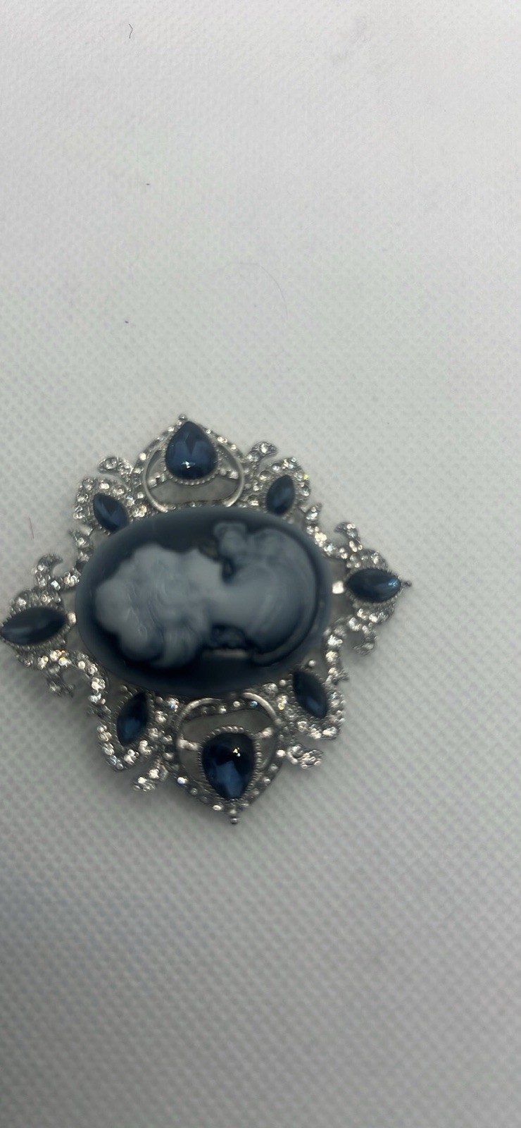 Cameo Brooch Drop Blue Oval Silver Tone Rhinestones Pin Gothic Vintage Style