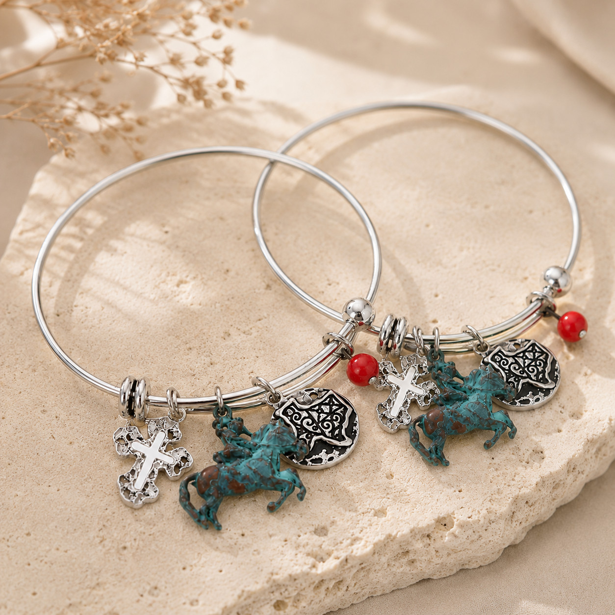 2PCS Patina Horse Charm Wire Bangle Bracelet Cross Western Equestrian Silver