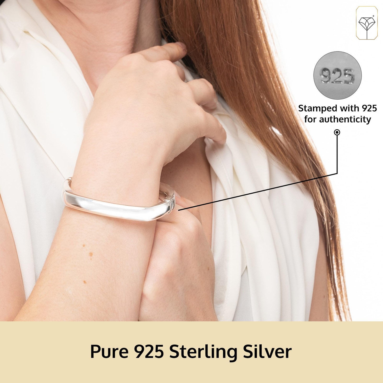 925 Sterling Silver Polished Square Bangle Bracelet 7 Inch Hinged Cuff