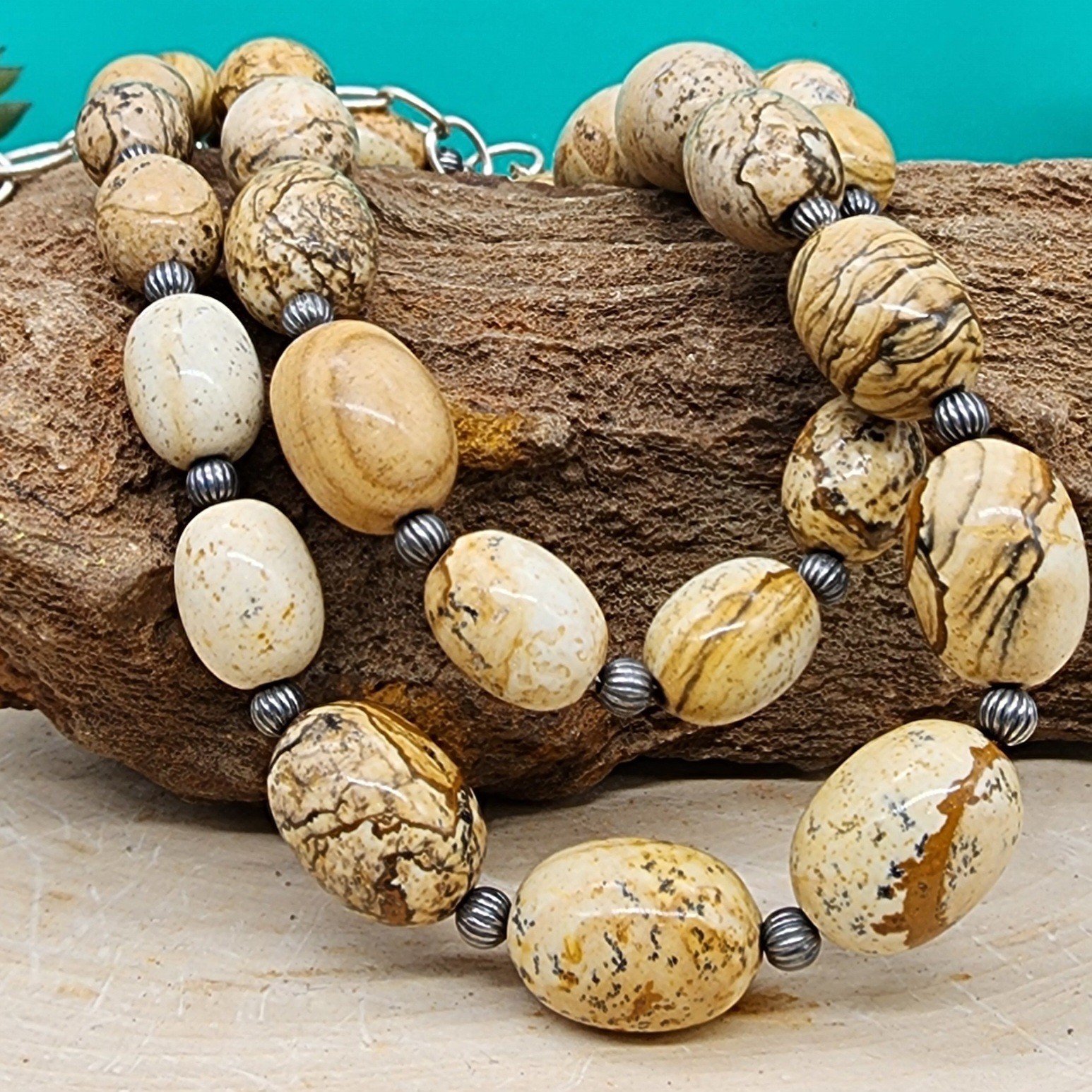 Carolyn Pollack 925 SS 9.1-16.1mm Graduated Jasper Bead 22″ Necklace + 4″ ext