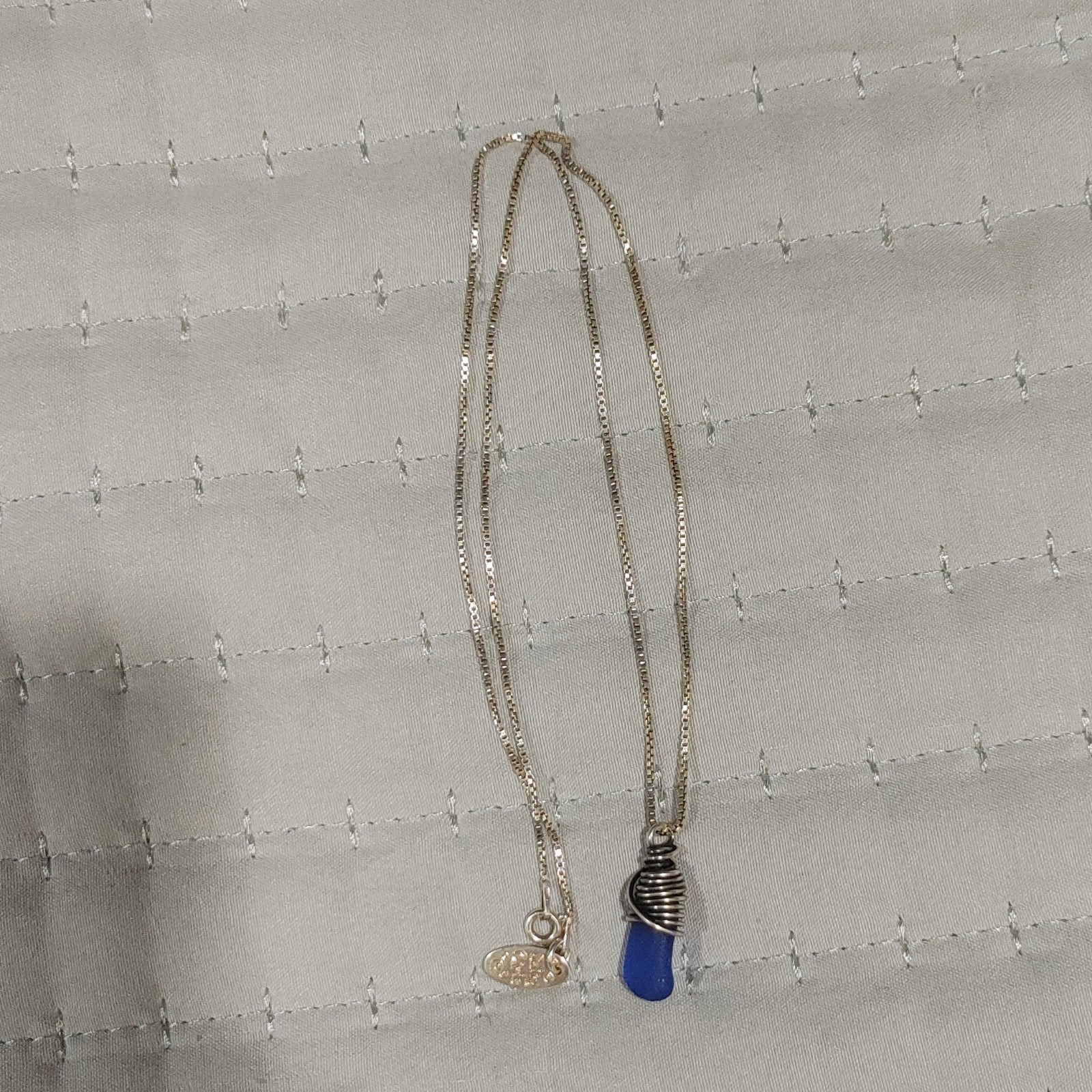 Sally G’s Blue Sea Glass Wire Wrapped Charm Pendant Box Chain Necklace