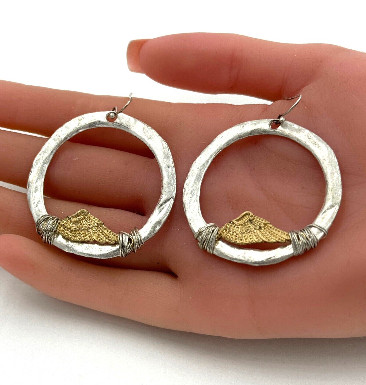 Angel Wing Wire Wrapped Hoop Dangle Earrings 1.75 Inch Silver