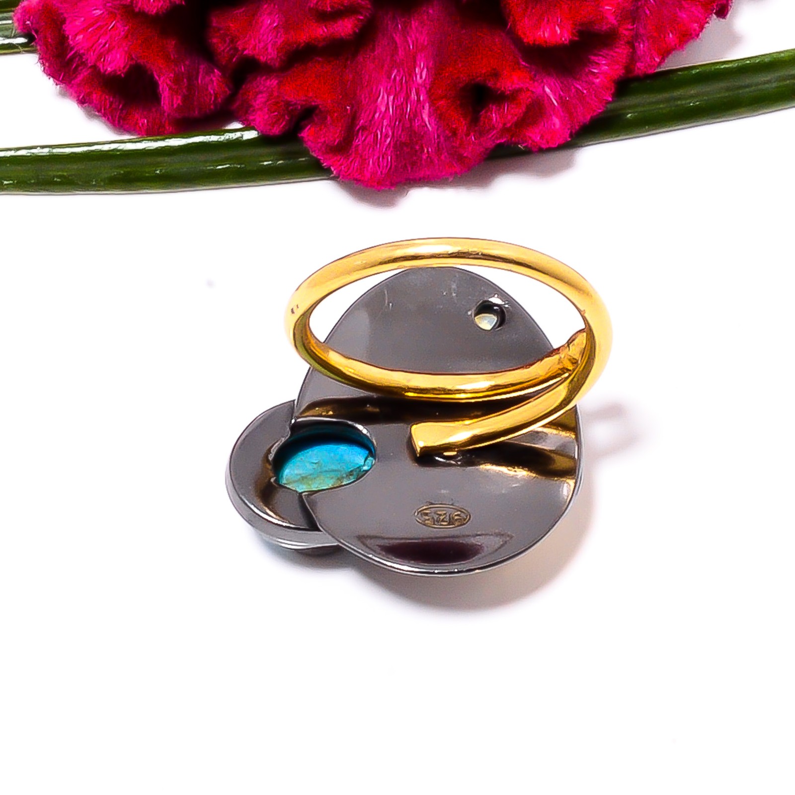 Copper Blue Turquoise, Opal Gold Plated 925 Sterling Silver Ring s.7.5 Sku36