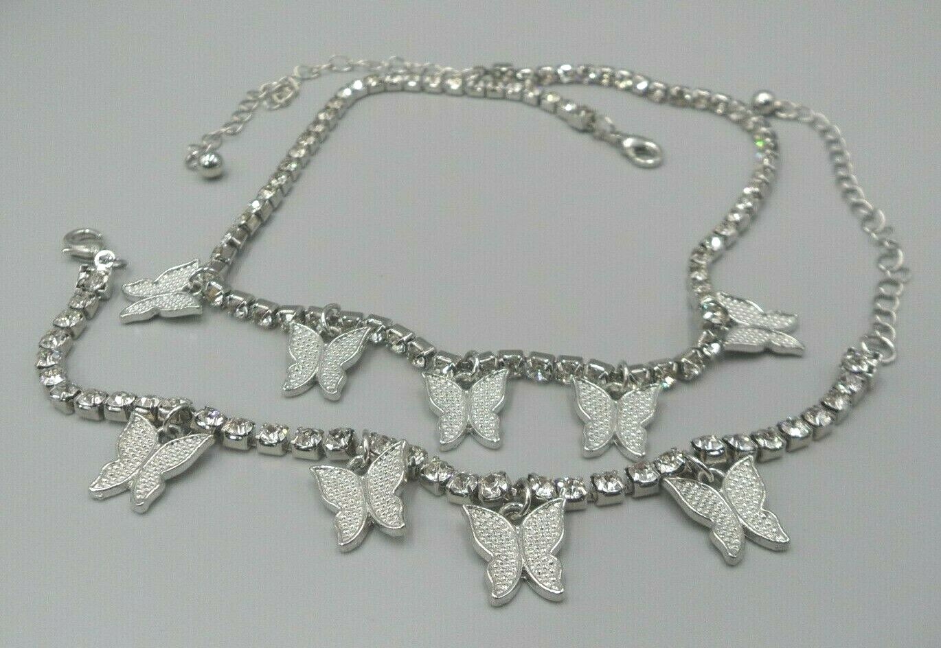 2 Piece Butterfly Jewelry Set: Necklace and Anklet Silver Tone Rhinestone