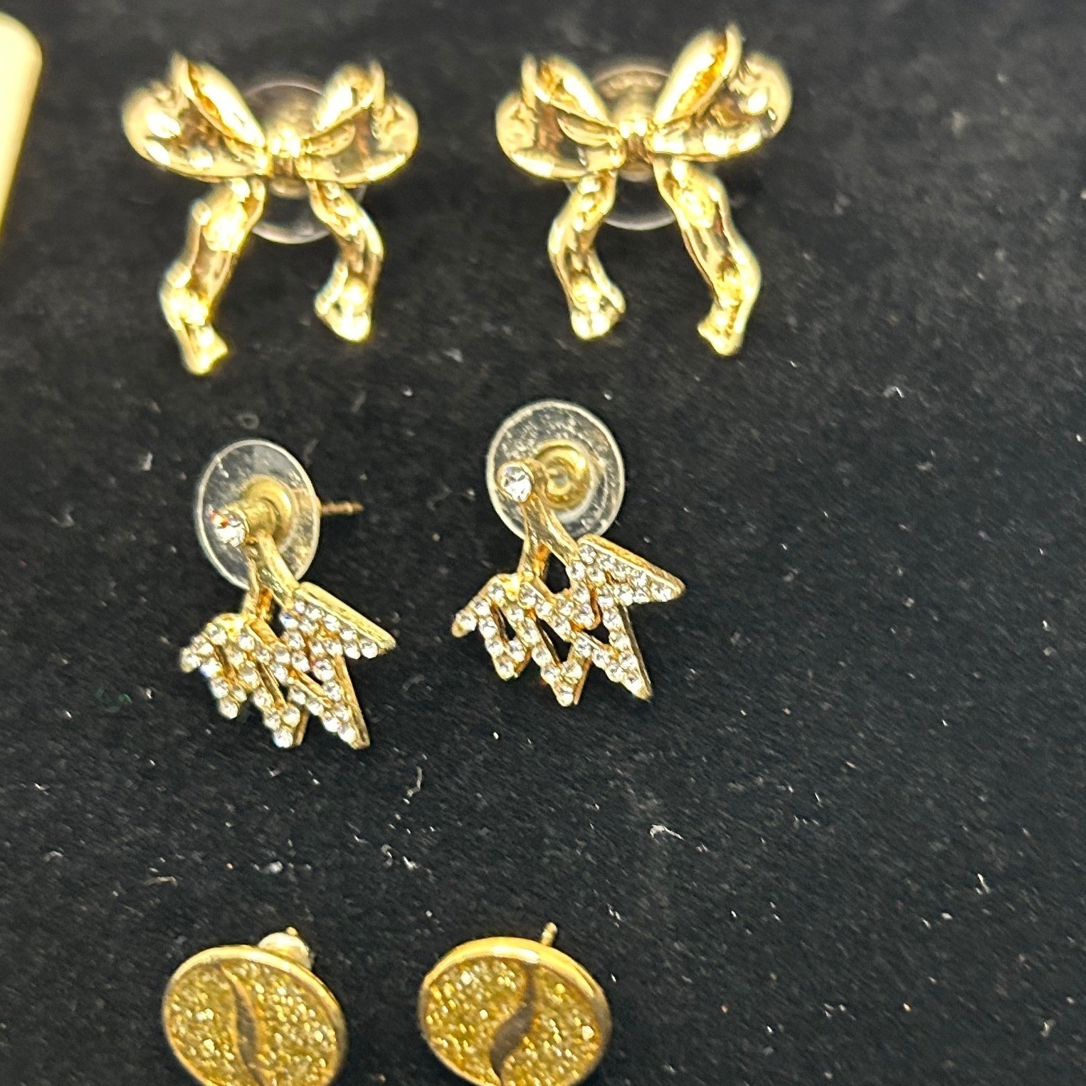 Gold Tone Earrings Lot Dangle Rhinestone Bow studs Sparkle Fashion 4 Pair