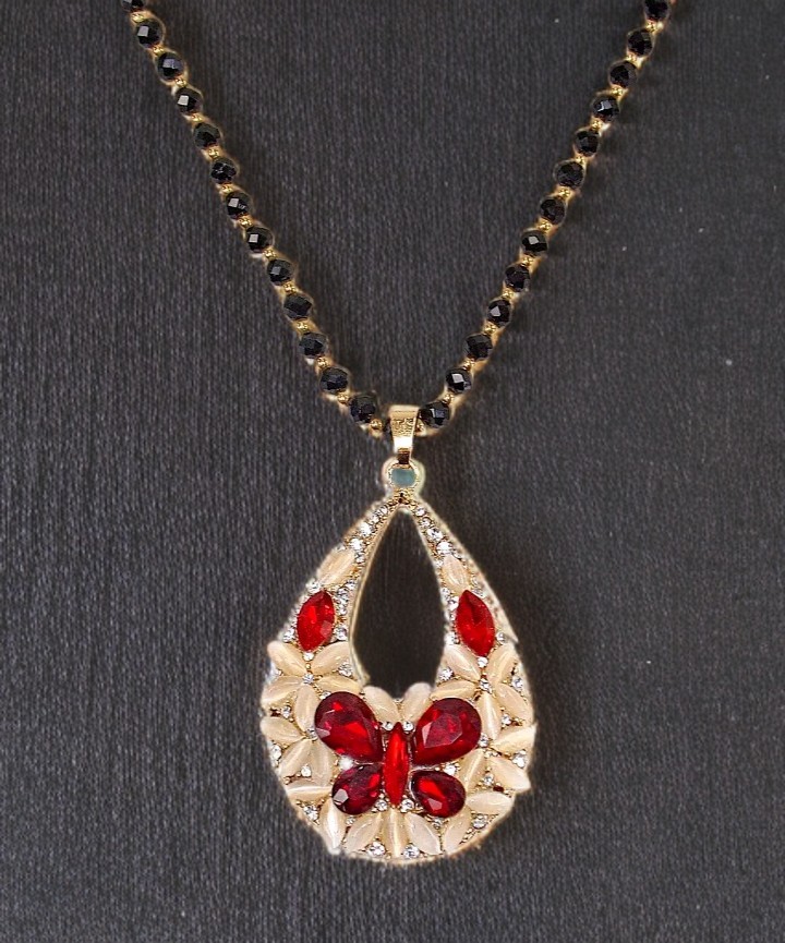 Red crystal butterfly pendant necklace with white cat eye stones, crystals – NEW
