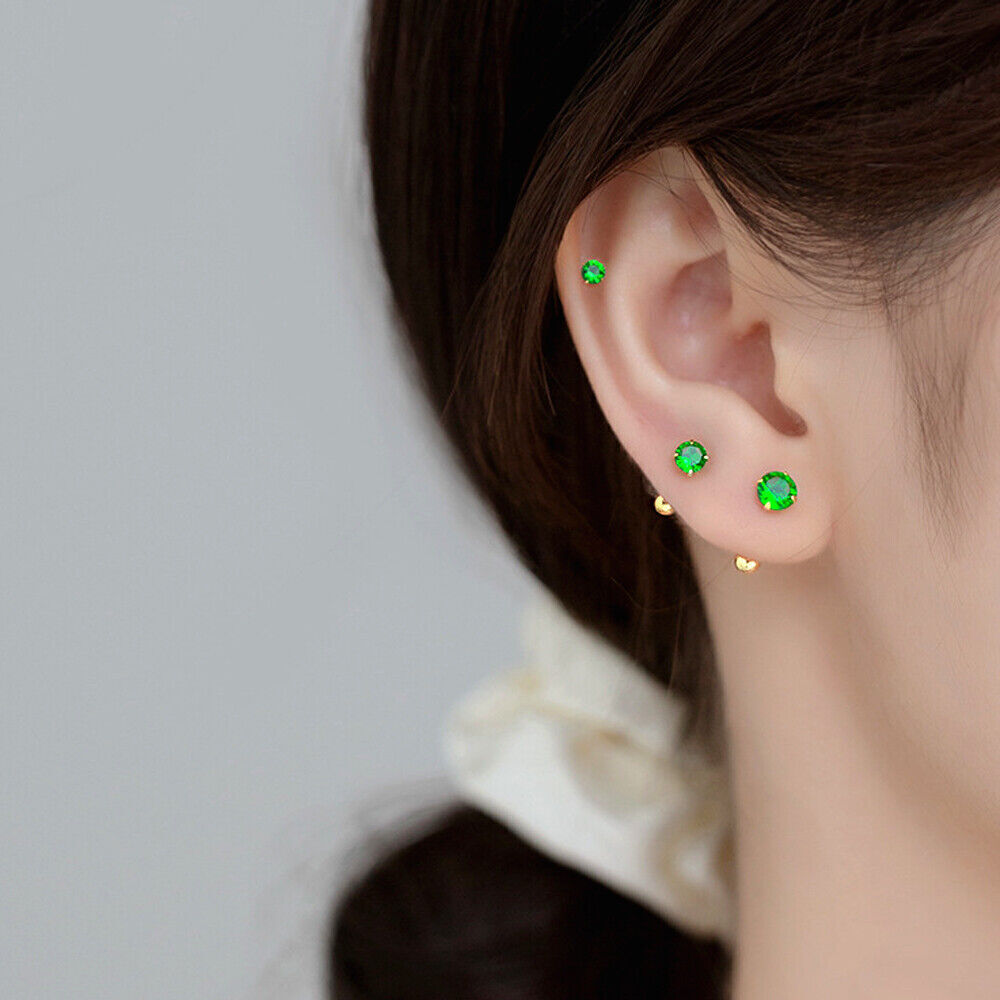 925 Sterling Silver Solitaire Green CZ Stud Helix Tragud Piercing Earrings A4138