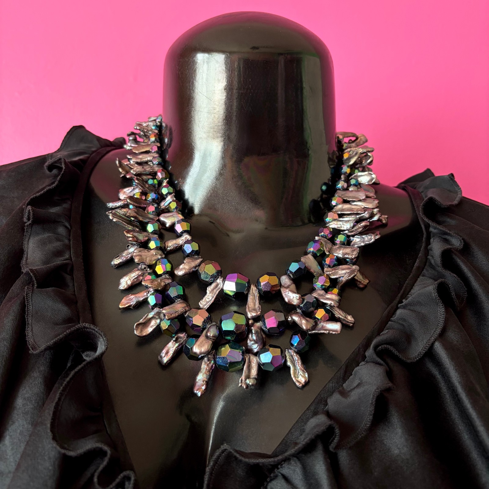 Three-Strand Vintage Black Crystal and Stick Pearl Beaded Necklace
