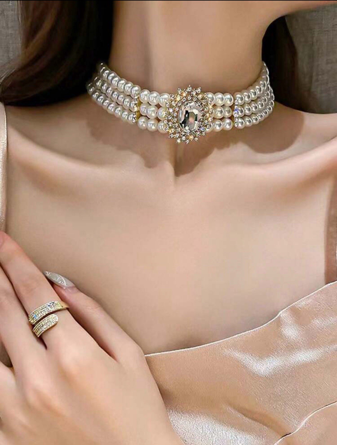 White Pearl Choker Necklace Tie Knot Three Layered Twisted Bib Collar Statement