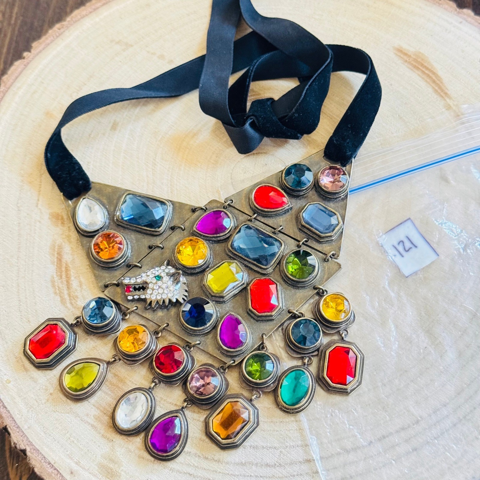 Loulou de la Falaise necklace colorful jeweled rhinestone gold tone velvet 32″