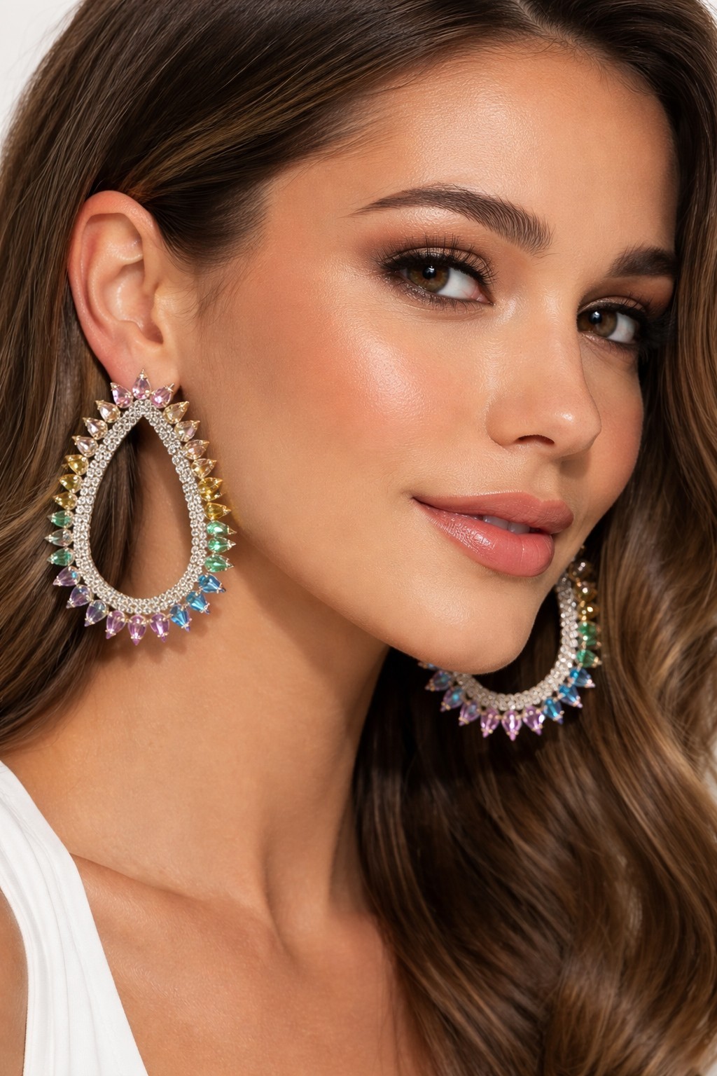 Large Rainbow Rhinestone Statement Earrings –