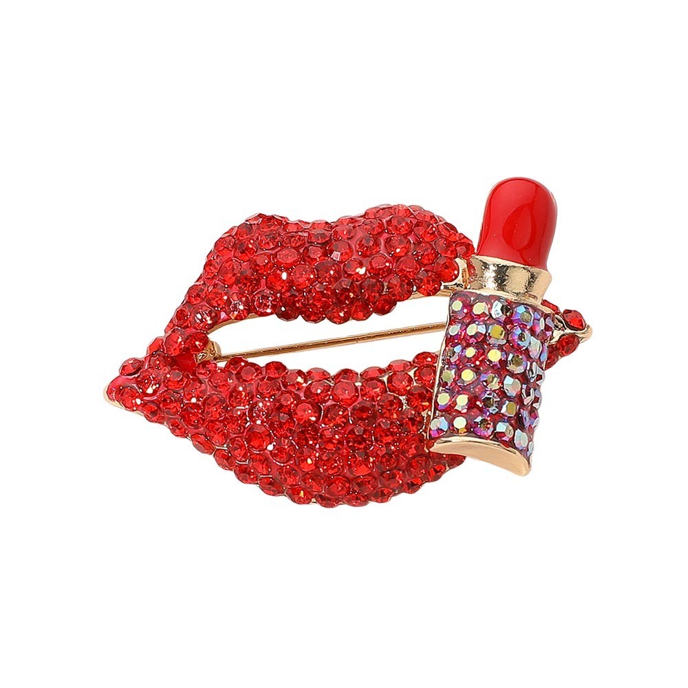 3PCS Rhinestone Lips Lipstick Brooch Pin Set Crystal Fashion Lapel Pin Gift Wome