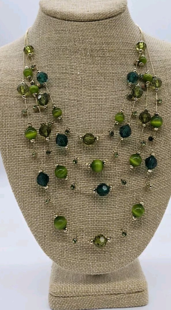 Green & Gold Beaded Layered Necklace Gold Tone 4 Row Faux Cat Eye 18 in