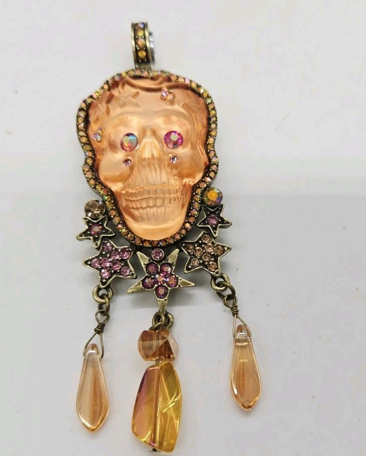 Kirks Folly Halloween Skull Magnetic Enhancer Peach Brass tone Dangle