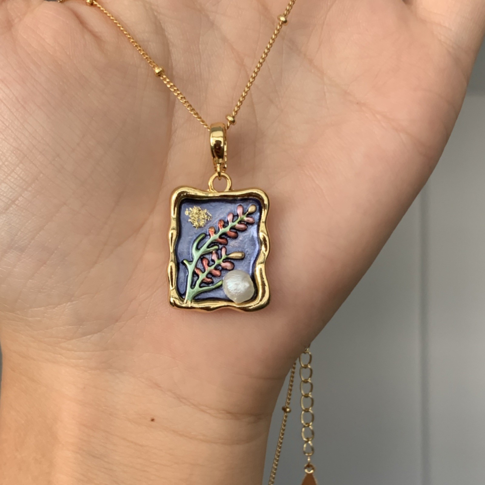 Gold Tone Cable Chain Necklace w/ Enamel Floral Rectangle Charm, White Pearl