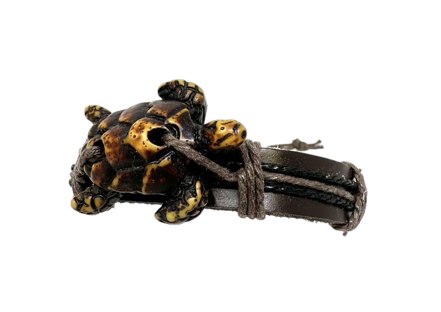 Handcrafted Brown Turtle Bracelet with Adjustable Leather Cord – Unique Jewelry