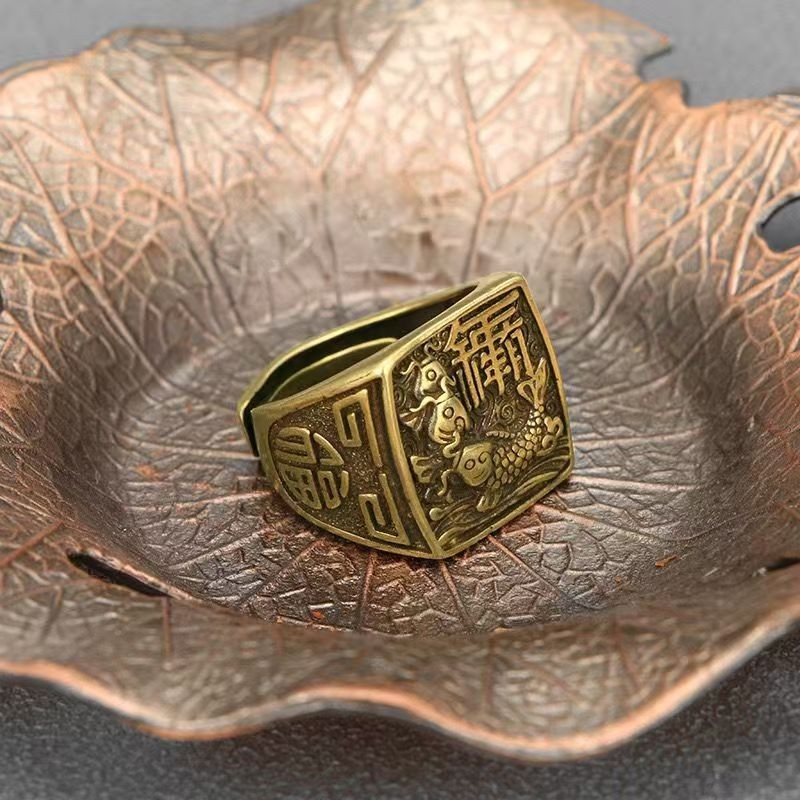 Vintage brass domineering men’s ring, Chinese fish ring with adjustable opening