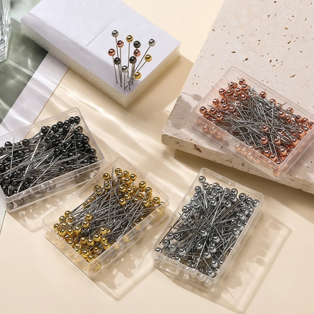 100Pcs/Box Stainless Steel round Pearl Head Needles Stitch Straight Push Sewing
