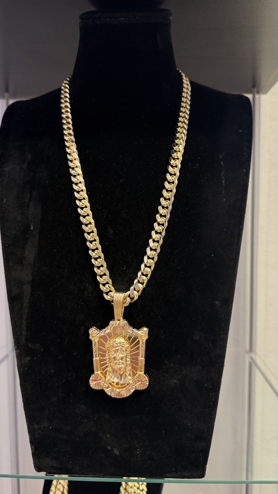 Yellow Gold Plated Cuban Link Necklace w/ Religious Medal Pendant