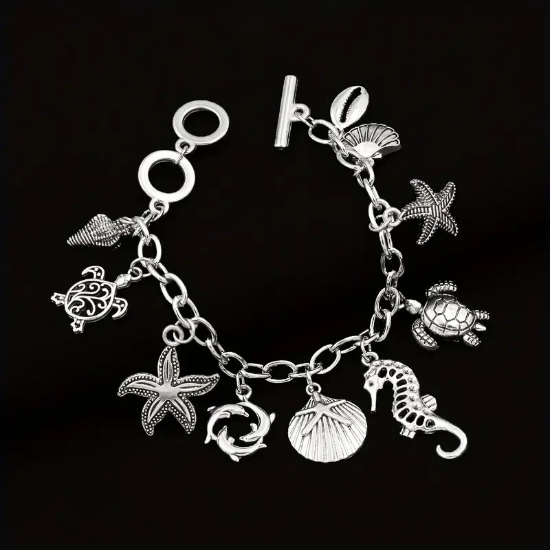 925 Sterling Silver Dolphin Starfish Sea Turtle Sea Horse Beads 7.5″ Bracelet