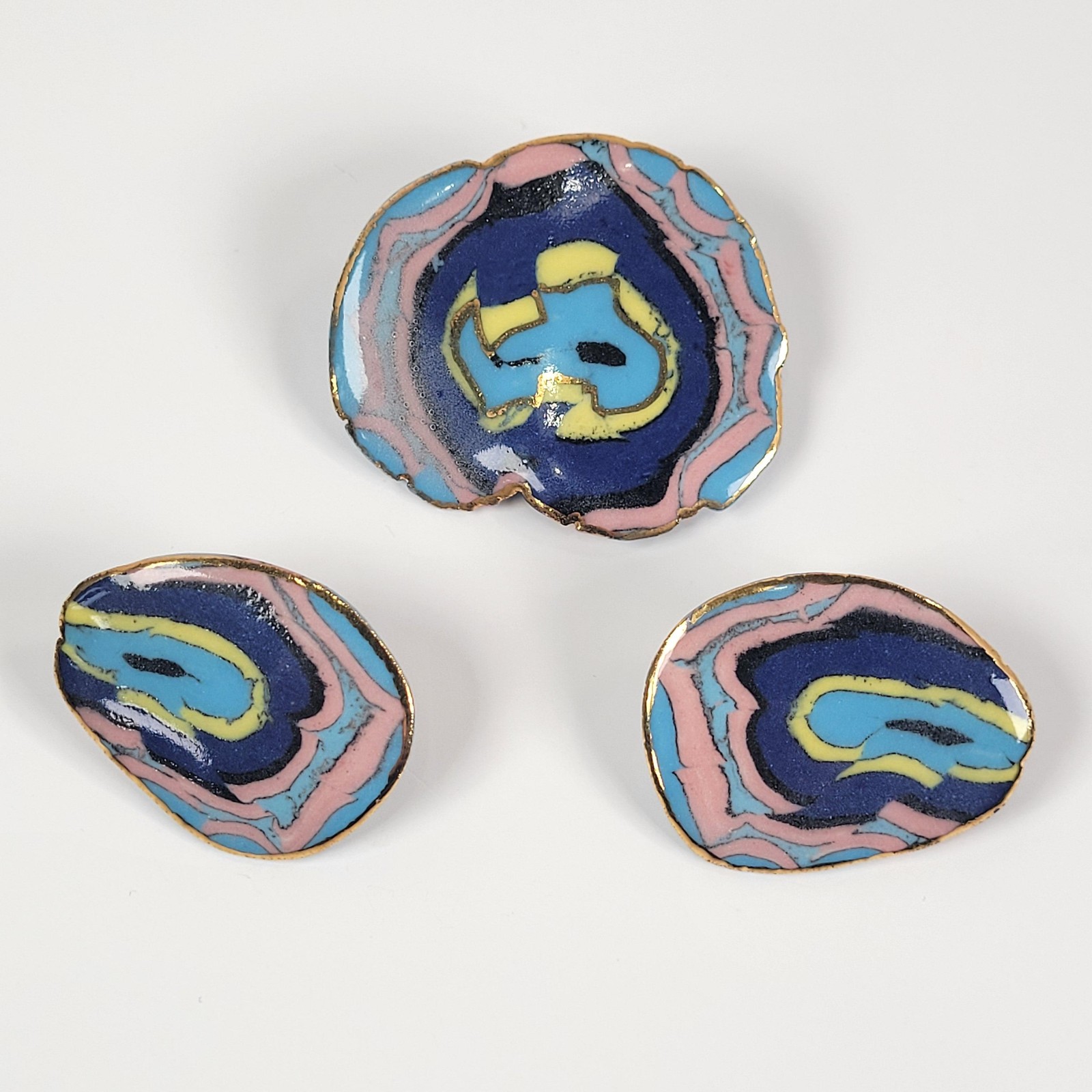 Abstract Swirl Brooch Earrings Set Polymer Clay Multicolor Art Jewelry Hippie