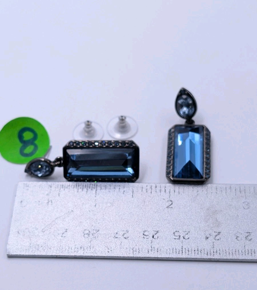 Vintage GIVENCHY Art-Deco Style Gunmetal Blue Crystal Drop/Dangle Stud Earrings
