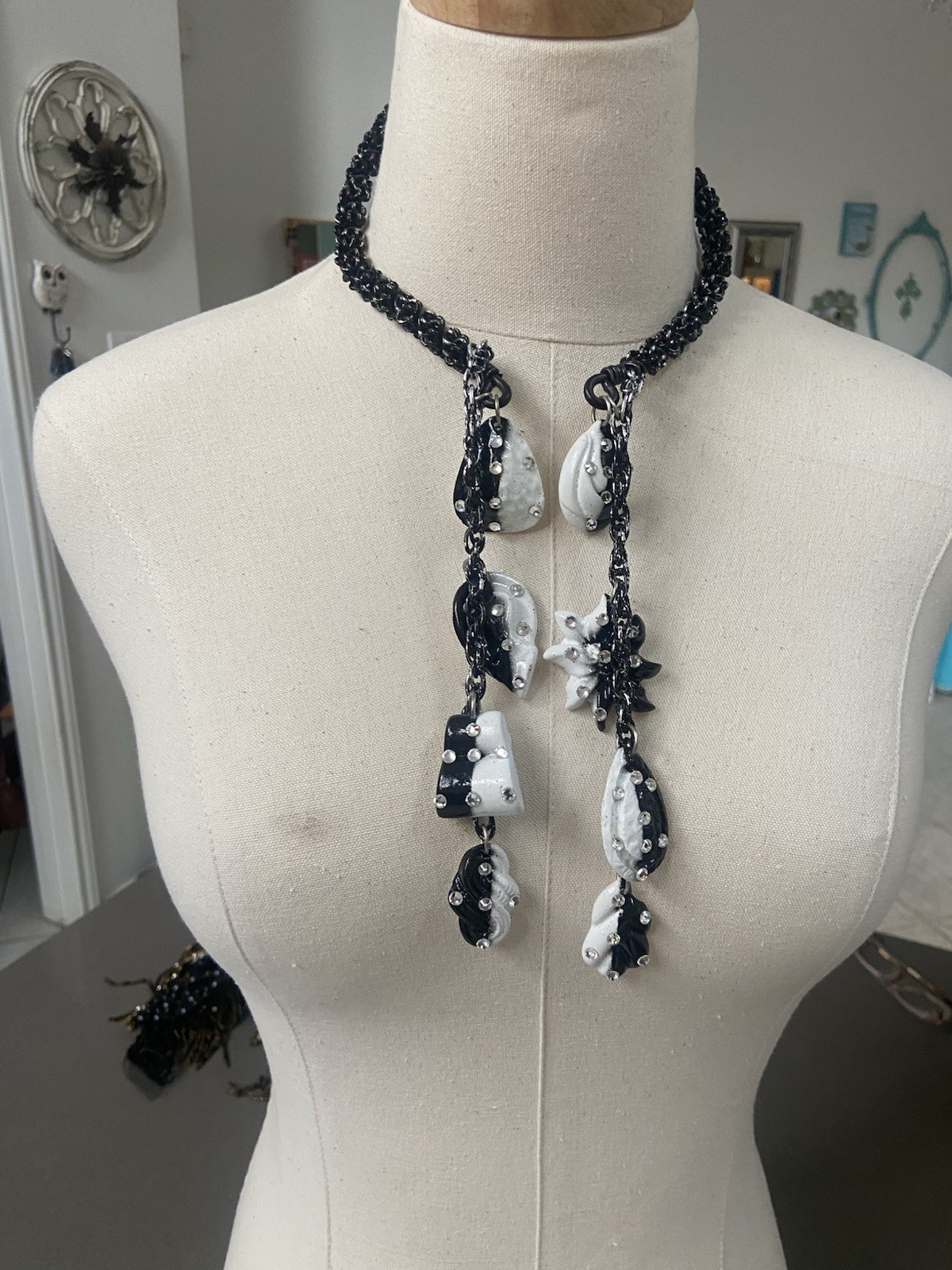 1980’s Statement Necklace – Black & White Charms Rhinestones Vintage Disco Glam