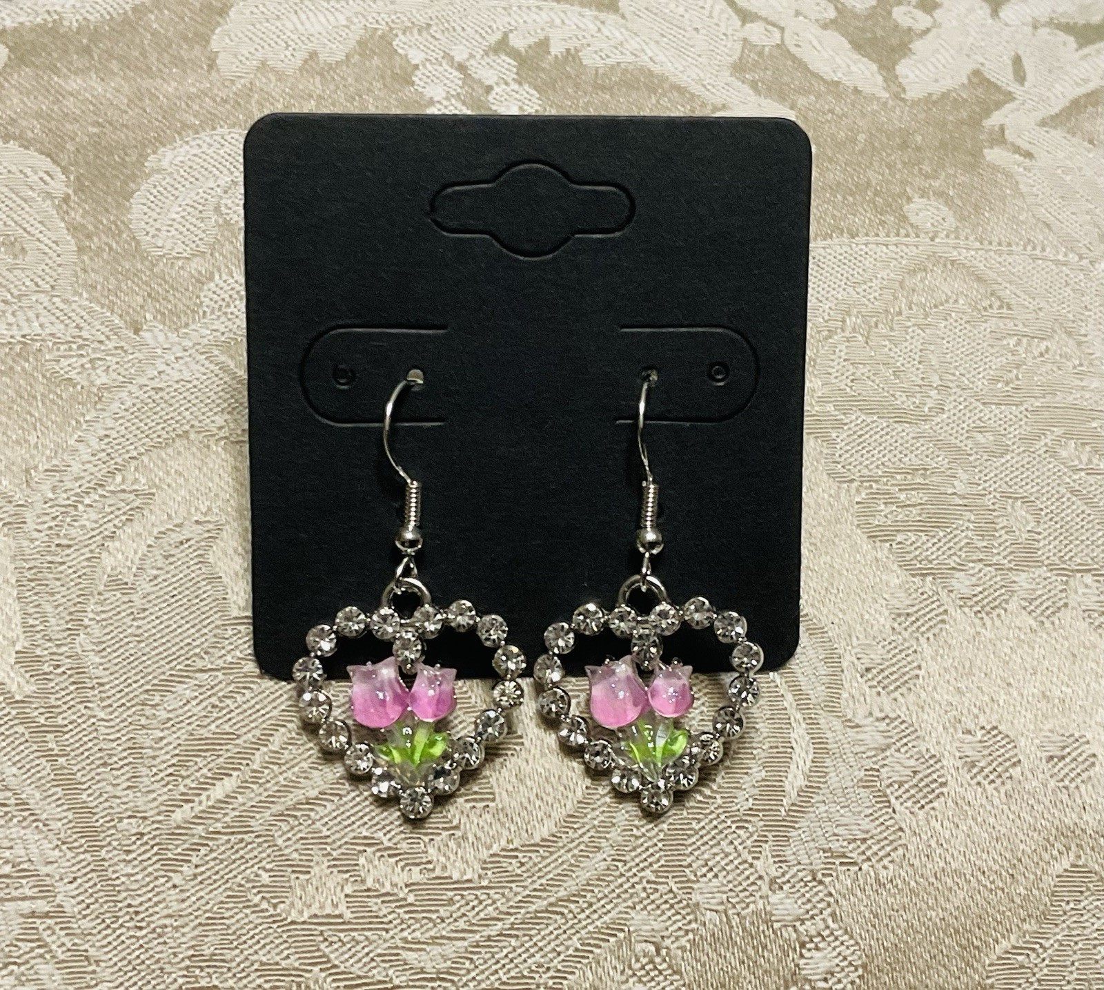 Vintage Gem Floral Heart Silver Enamel Drop Dangle Bohemian Trendy Earring Set