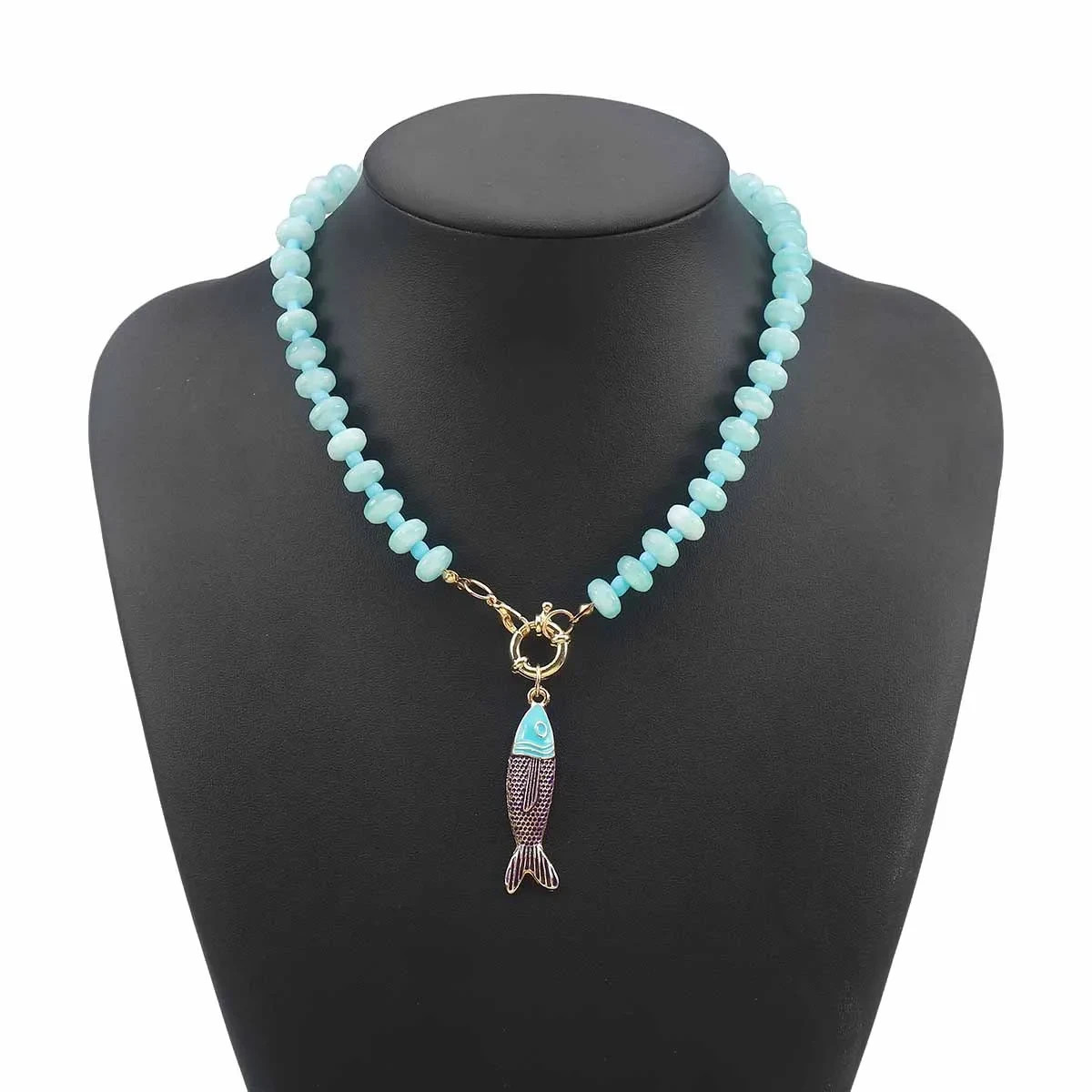Fish Charm Necklace Light Blue Turquoise Glass Charm Pendant Necklace