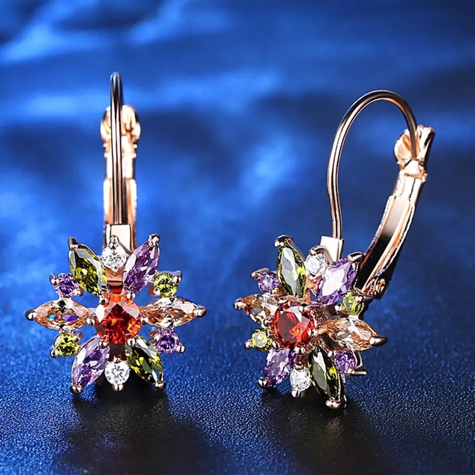 MULTI COLOUR GOLD FILLED FLOWER HOOP EARRINGS MADE WITH SWAROVSKI CRYSTALS HE16