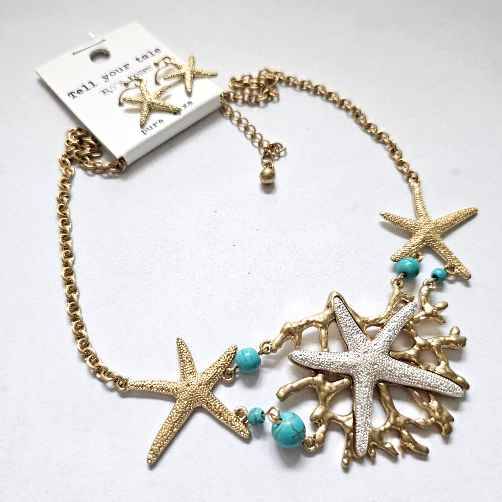 Starfish Coral Reef Ocean Beach Turquoise Bead Necklace & Earrings Set NWT