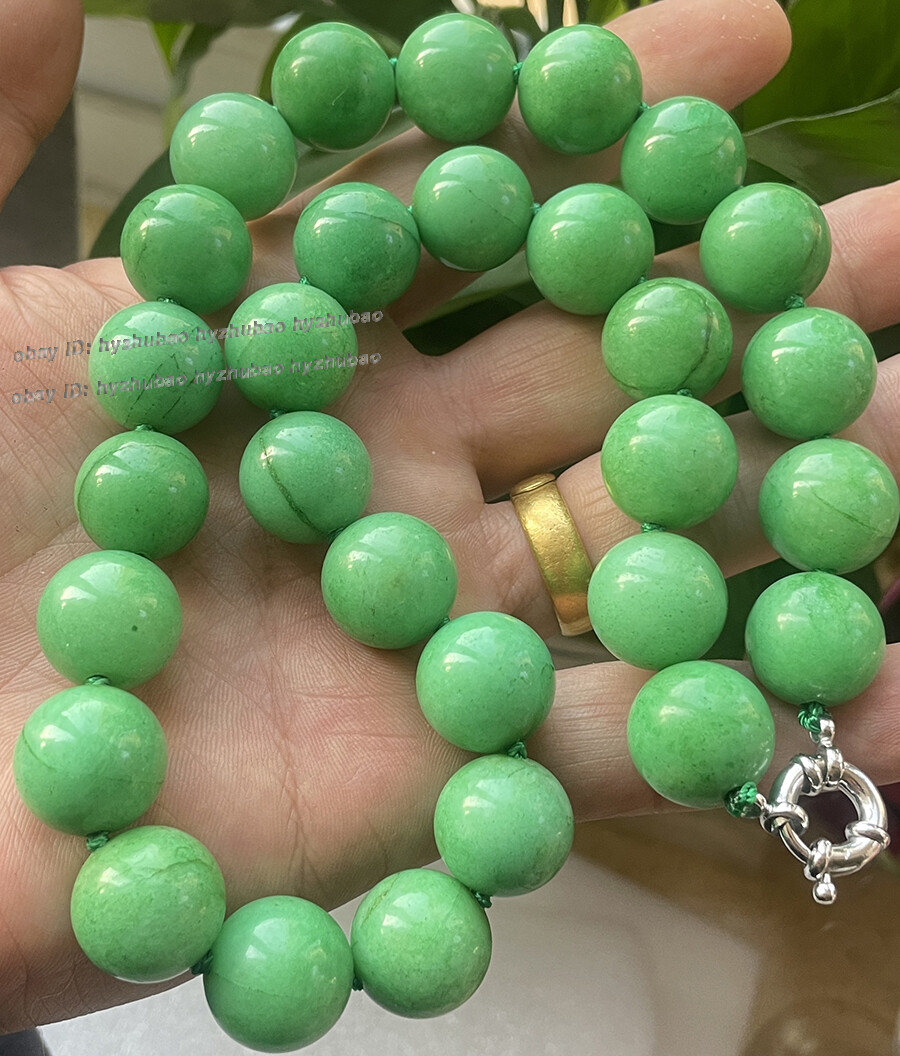Big 16mm Real Green Jade Gemstone Round Smooth Beaded Knot Necklace 20 inch