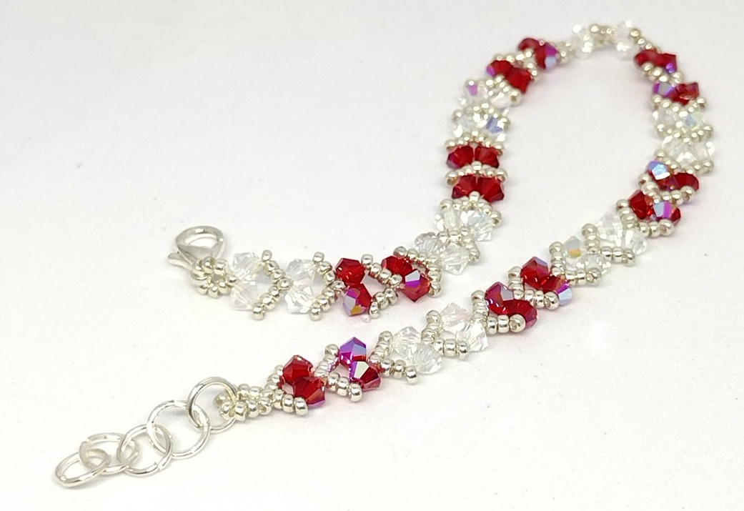 6-inch Bracelet 3mm Crystal Red/White Sparkly Bicone Beads/Silver Miyuki Beads